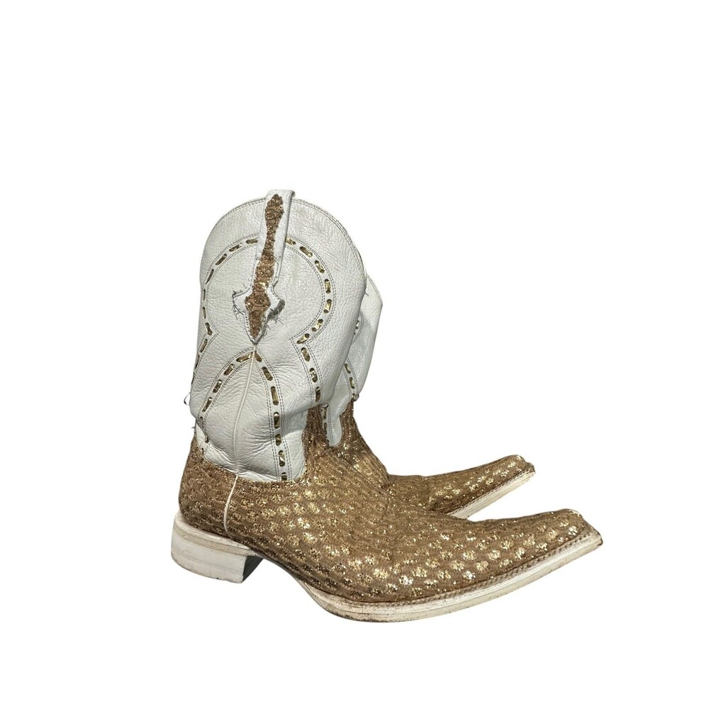 El General 1901 White Gold Sequin Pointed Toe Western Cowboy Boots Size 6 Mens